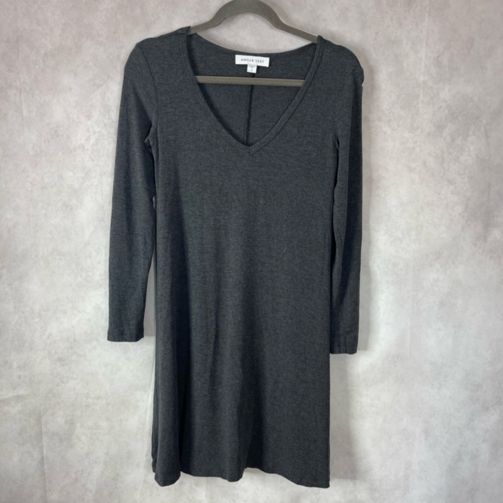 Amour Vert Gray V Neck Long Sleeve Stretch Jersey Casual Dress Size S